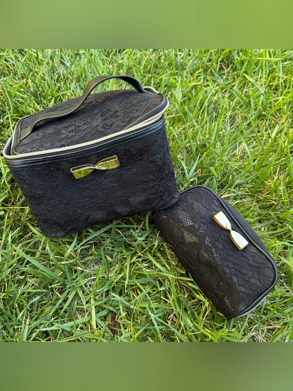 Victorias Secret Black Lace Elegant Gold Bow Girly Large & Mini Makeup Bag